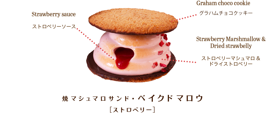 焼きマシュマロサンド・ベイクドマロウ[ストロベリー] ストロベリーマシュマロ＆ドライストロベリー グラハムチョコクッキー ストロベリーソース
